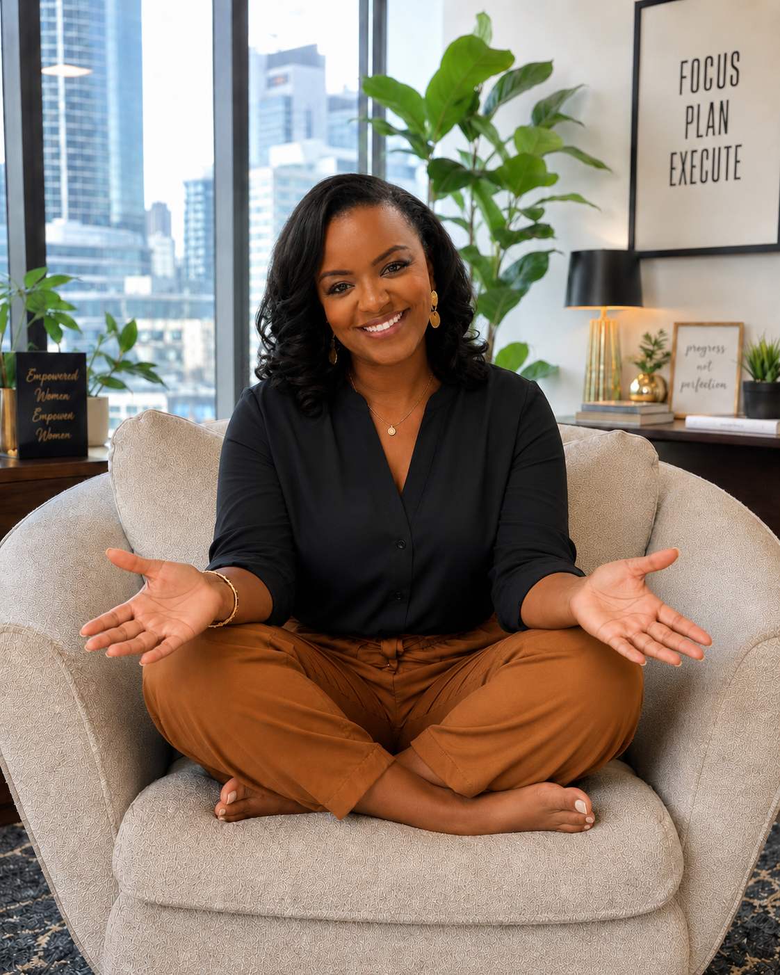 Joyful client in a warm, sunlit urban therapy space